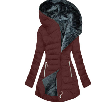 Burgundy Plush-Lined Hooded Puffer Coat shown from the front, featuring a plush-lined hood, asymmetric zip front, quilted construction, drawstring waist, and longline silhouette.