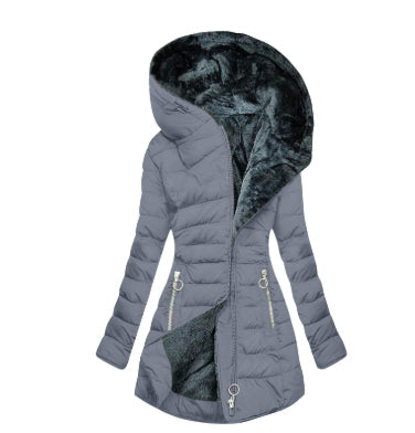 Gray Plush-Lined Hooded Puffer Coat shown from the front, featuring a plush-lined hood, asymmetric zip front, quilted panels, drawstring waist, and longline cut.