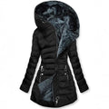Black Plush-Lined Hooded Puffer Coat featuring an oversized fur-lined hood, asymmetric zip front, quilted construction, drawstring waist, and longline cut.