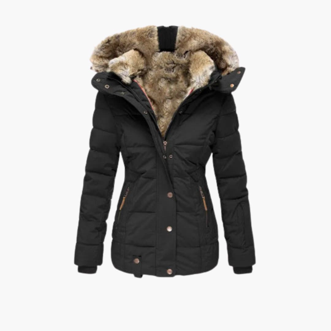Black Plush-Lined Hooded Puffer Jacket shown from the front, featuring a stand collar, snap placket, knit cuffs, padded construction, and fur-trimmed hood.