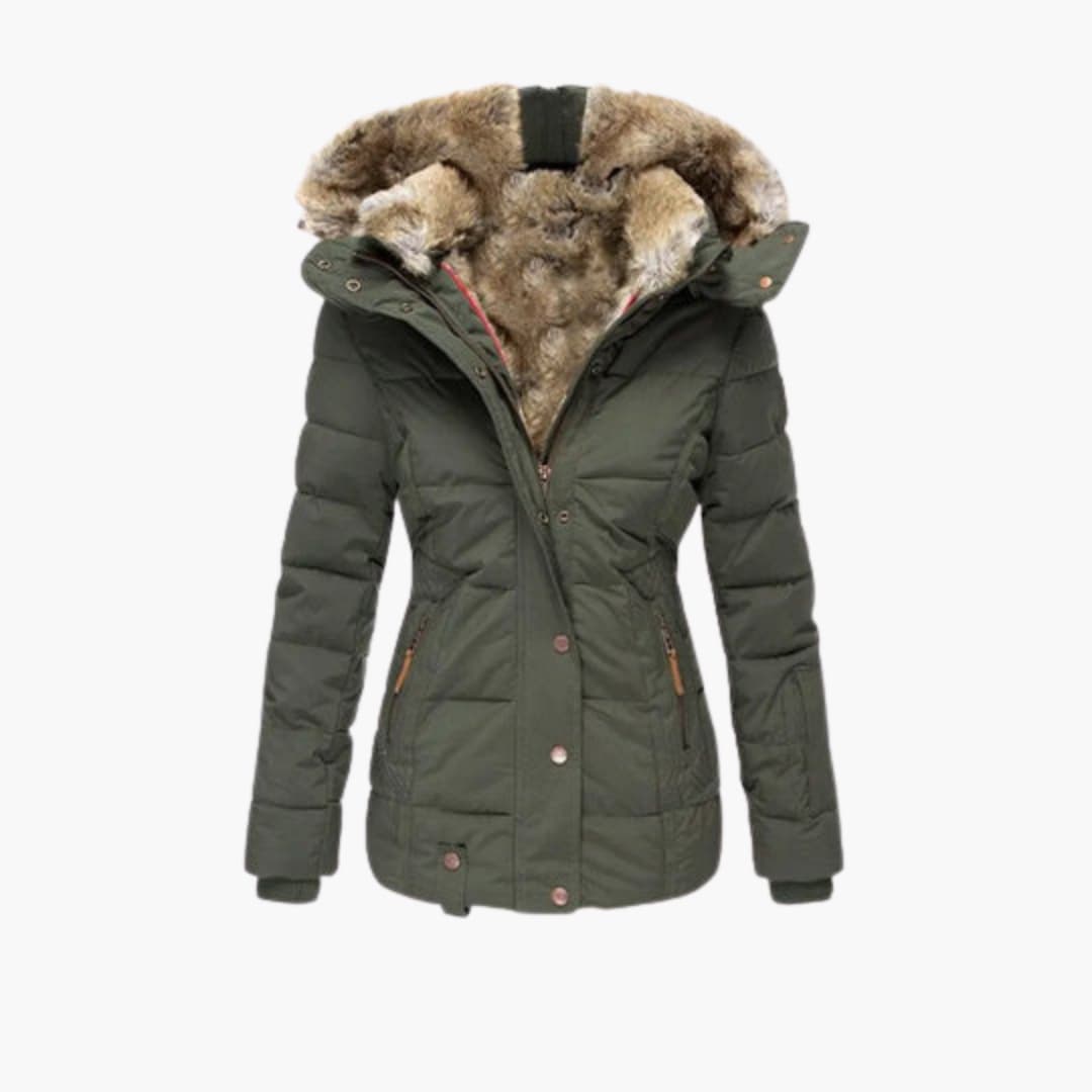 Olive green Plush-Lined Hooded Puffer Jacket shown from the front, featuring a stand collar, snap placket, knit cuffs, padded construction, and fur-trimmed hood.