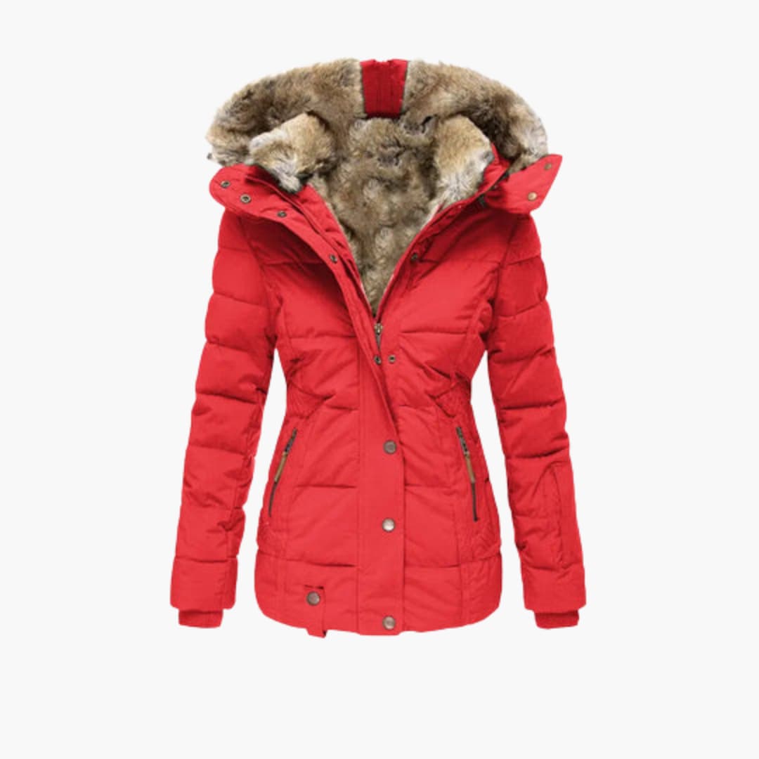 Red Plush-Lined Hooded Puffer Jacket shown from the front, featuring a stand collar, snap placket, knit cuffs, padded construction, and fur-trimmed hood.