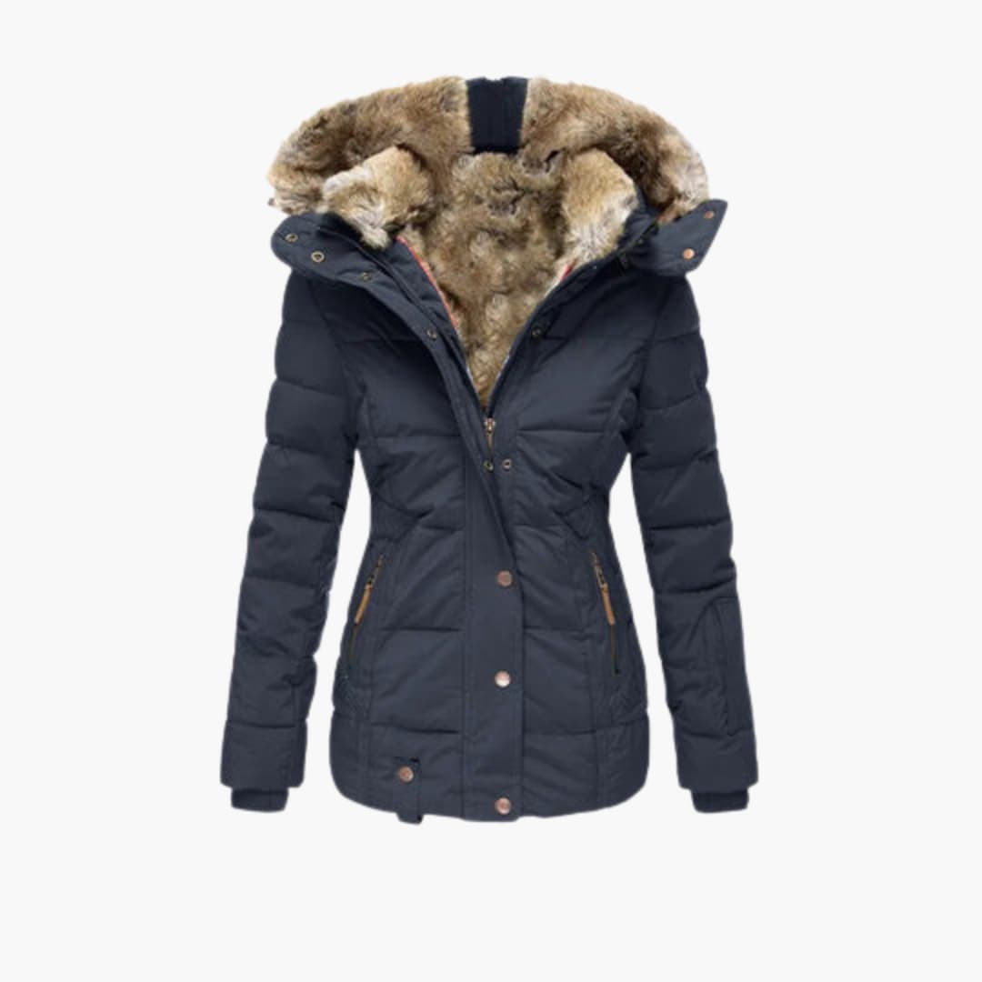 Navy Plush-Lined Hooded Puffer Jacket shown from the front, featuring a stand collar, snap placket, knit cuffs, padded construction, and fur-trimmed hood.