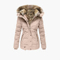Cream Plush-Lined Hooded Puffer Jacket shown from the front, featuring a stand collar, snap placket, knit cuffs, padded construction, and fur-trimmed hood.