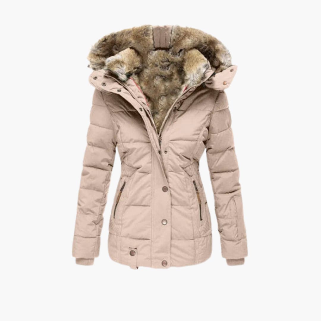 Cream Plush-Lined Hooded Puffer Jacket shown from the front, featuring a stand collar, snap placket, knit cuffs, padded construction, and fur-trimmed hood.