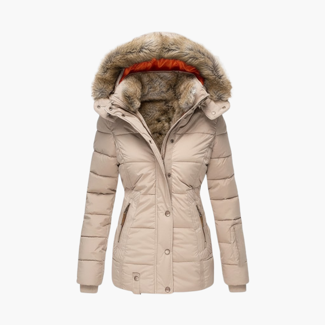 Cream Plush-Lined Hooded Puffer Jacket featuring a stand collar, snap placket, knit cuffs, padded construction, and fur-trimmed hood.