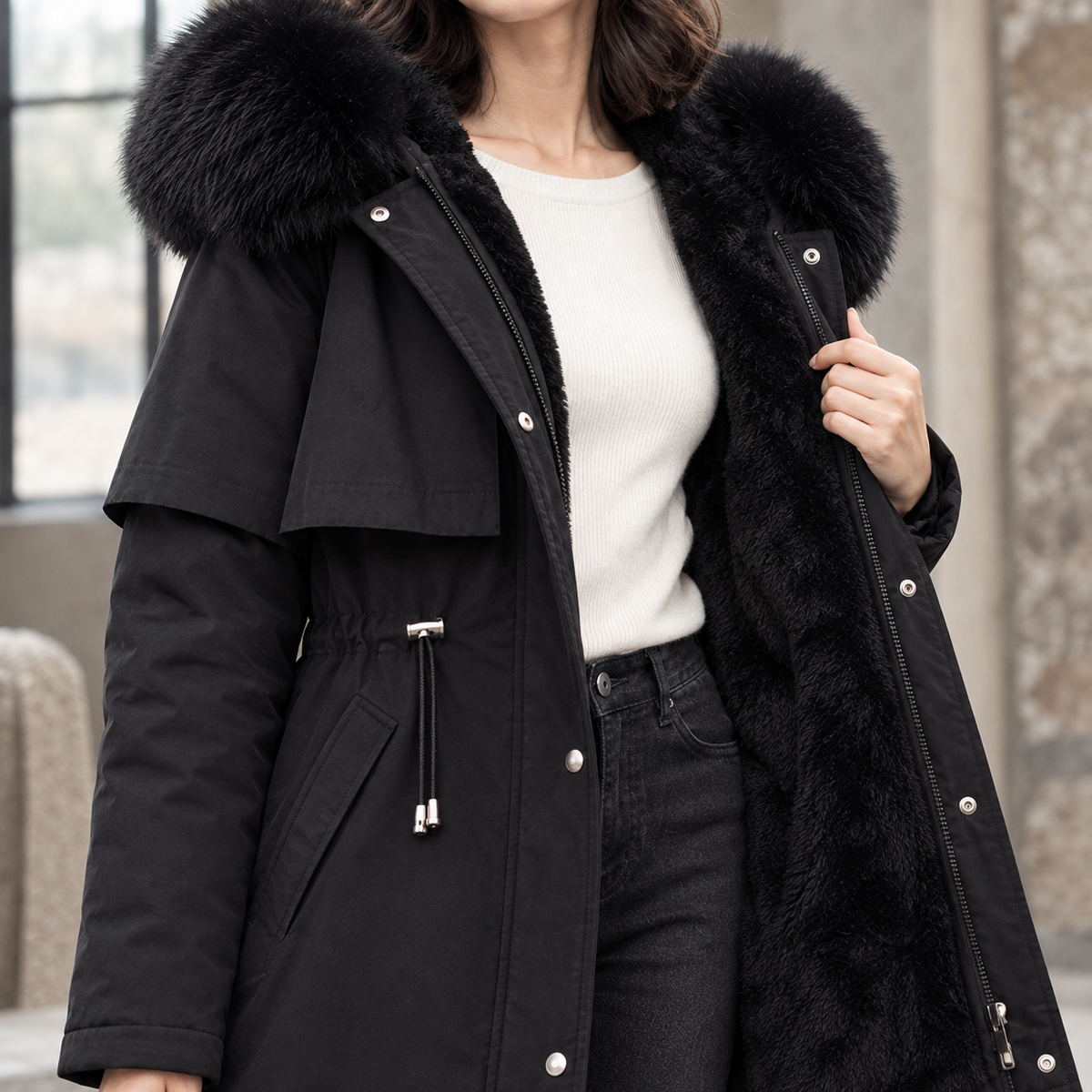 Black Plush-Lined Longline Parka worn by a female model, featuring a plush-trimmed hood, cape yoke, drawstring waist, and soft plush lining.