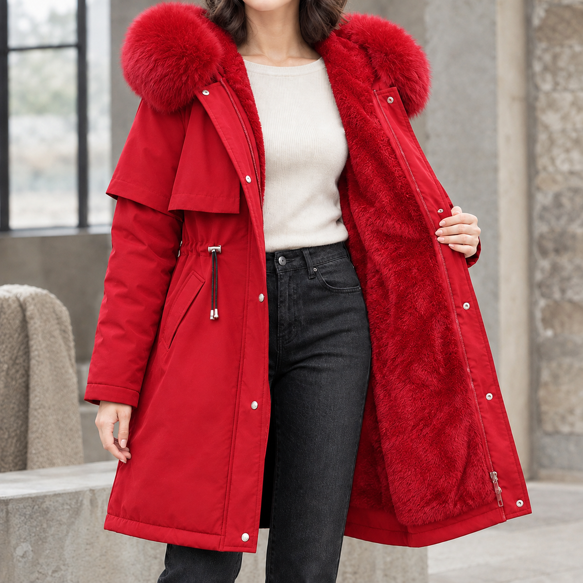 Red Plush-Lined Longline Parka worn by a female model, featuring a plush-trimmed hood, cape yoke, drawstring waist, and longline silhouette.