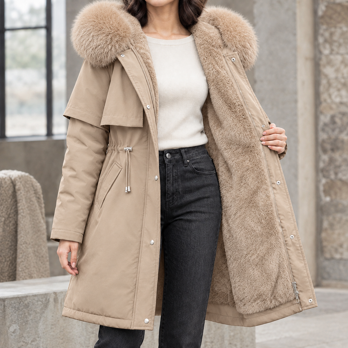 Beige Plush-Lined Longline Parka worn by a female model, featuring a plush-trimmed hood, cape yoke, drawstring waist, and soft plush lining.