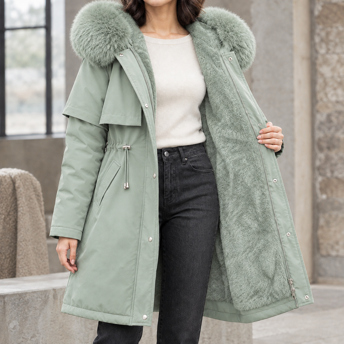 Light green Plush-Lined Longline Parka worn by a female model, featuring a plush-trimmed hood, cape yoke, drawstring waist, and longline silhouette.