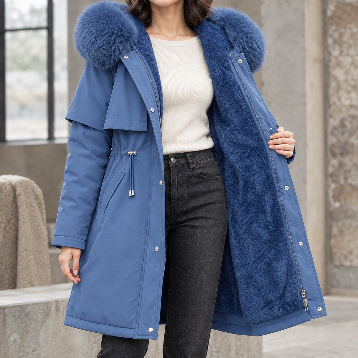 Blue Plush-Lined Longline Parka worn by a female model, featuring a plush-trimmed hood, cape yoke, drawstring waist, and soft plush lining.