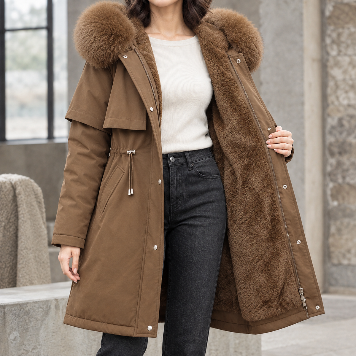 Brown Plush-Lined Longline Parka worn by a female model, featuring a plush-trimmed hood, cape yoke, drawstring waist, and longline silhouette.