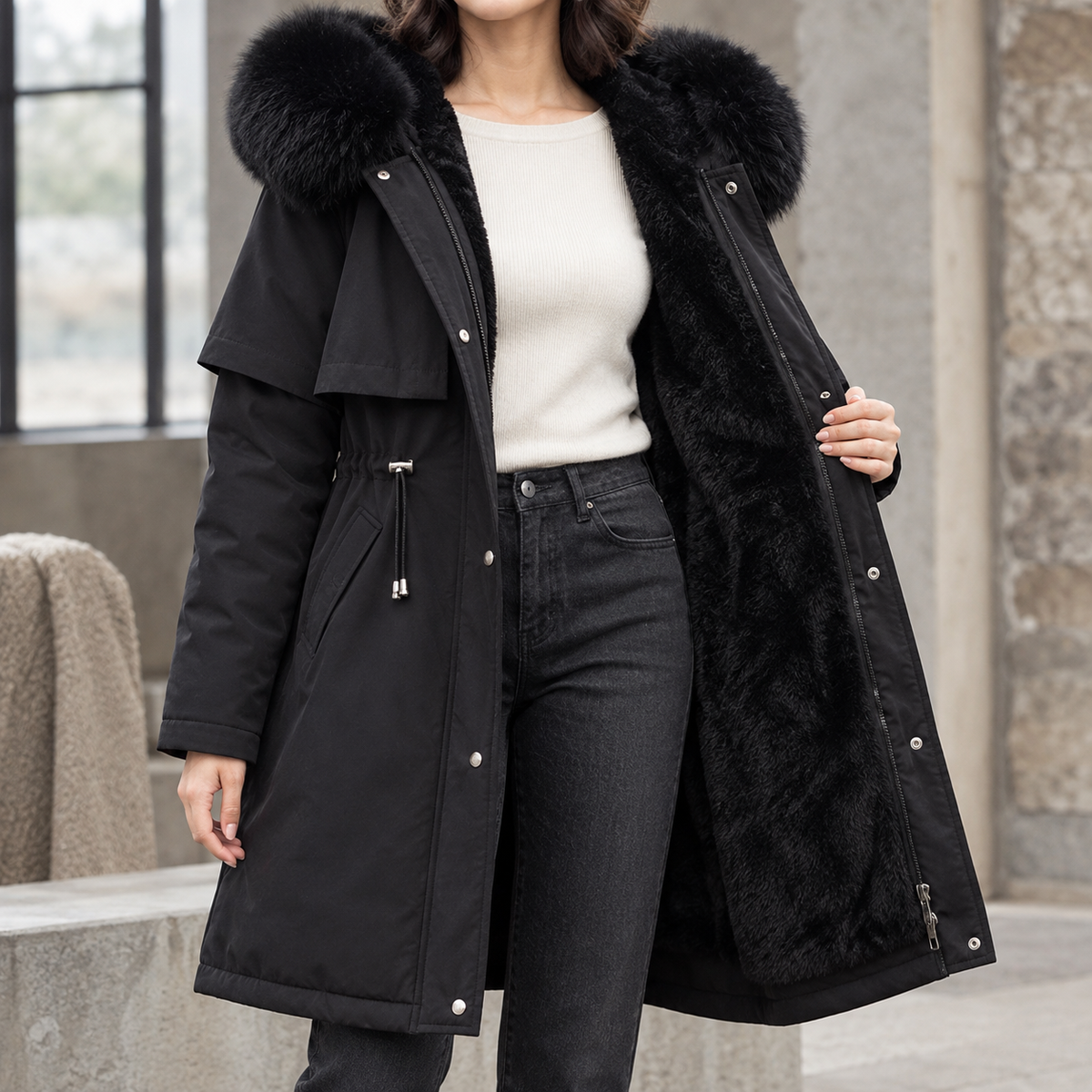 Black Plush-Lined Longline Parka worn by a female model, featuring a cape yoke, plush-trimmed hood, drawstring waist, full-length front closure, and longline silhouette.