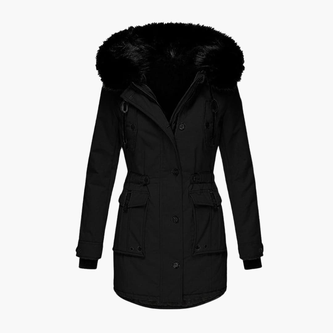 Black Plush-Trim Hooded Parka – Leona shown from the front, featuring a black plush-trimmed hood, button placket, flap pockets, and waist tabs.
