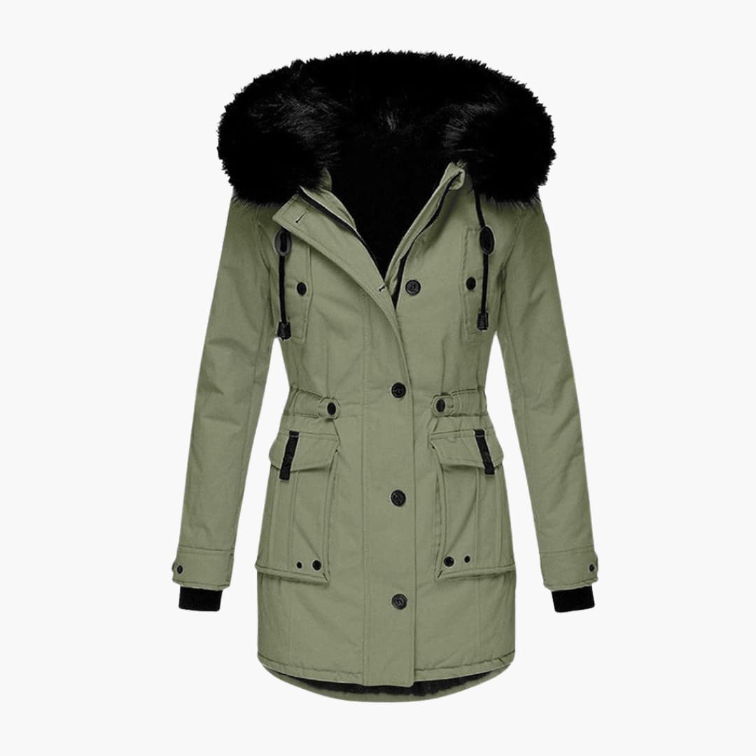 Olive green Plush-Trim Hooded Parka – Leona shown from the front, featuring a black plush-trimmed hood, button placket, flap pockets, and waist tabs.