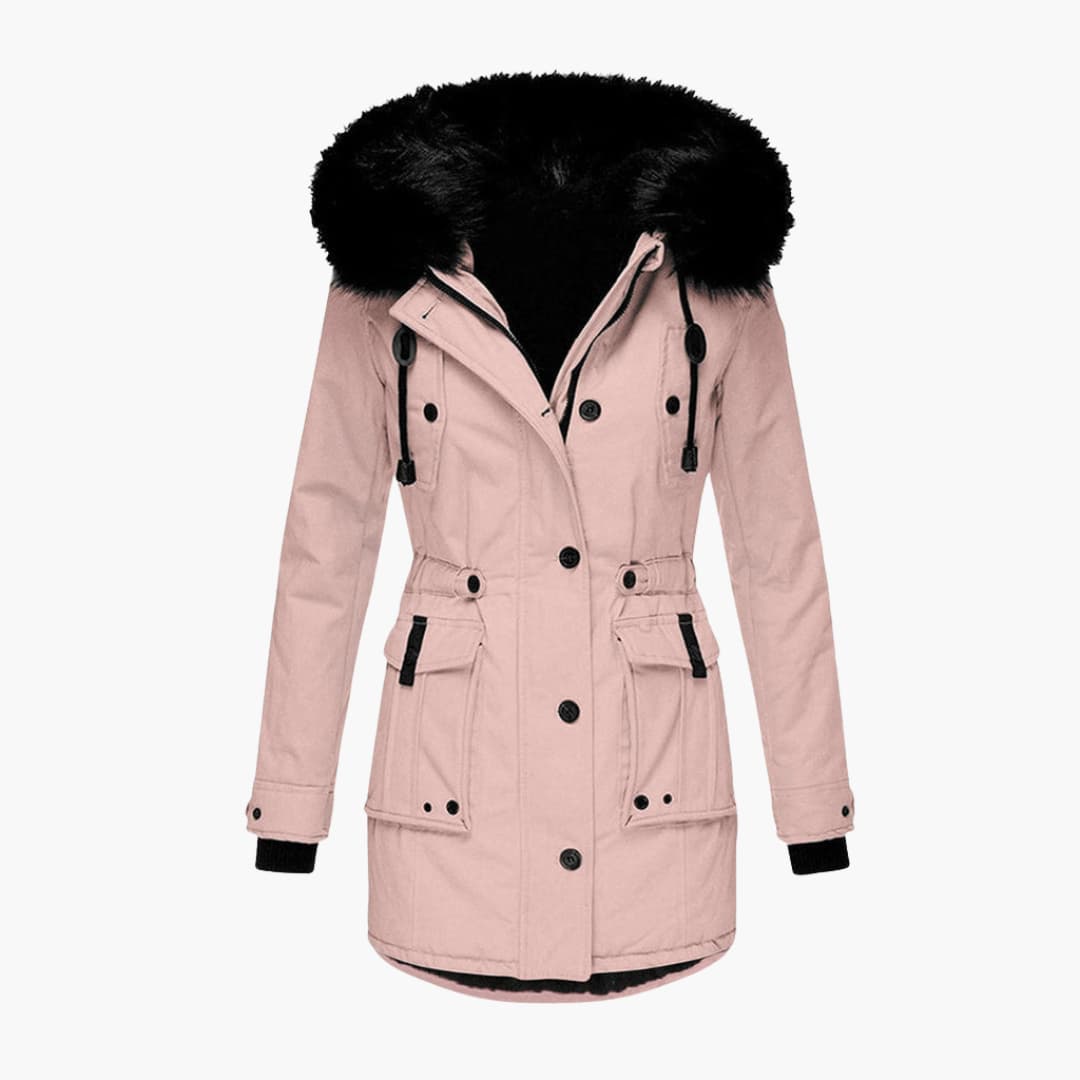 Pink Plush-Trim Hooded Parka – Leona shown from the front, featuring a black plush-trimmed hood, button placket, flap pockets, and waist tabs.