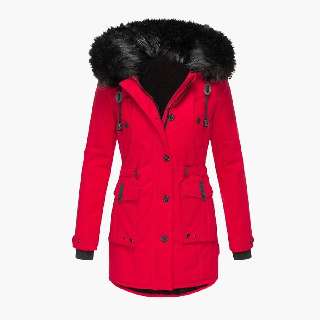 Red Plush-Trim Hooded Parka – Leona shown from the front, featuring a black plush-trimmed hood, button placket, flap pockets, and waist tabs.
