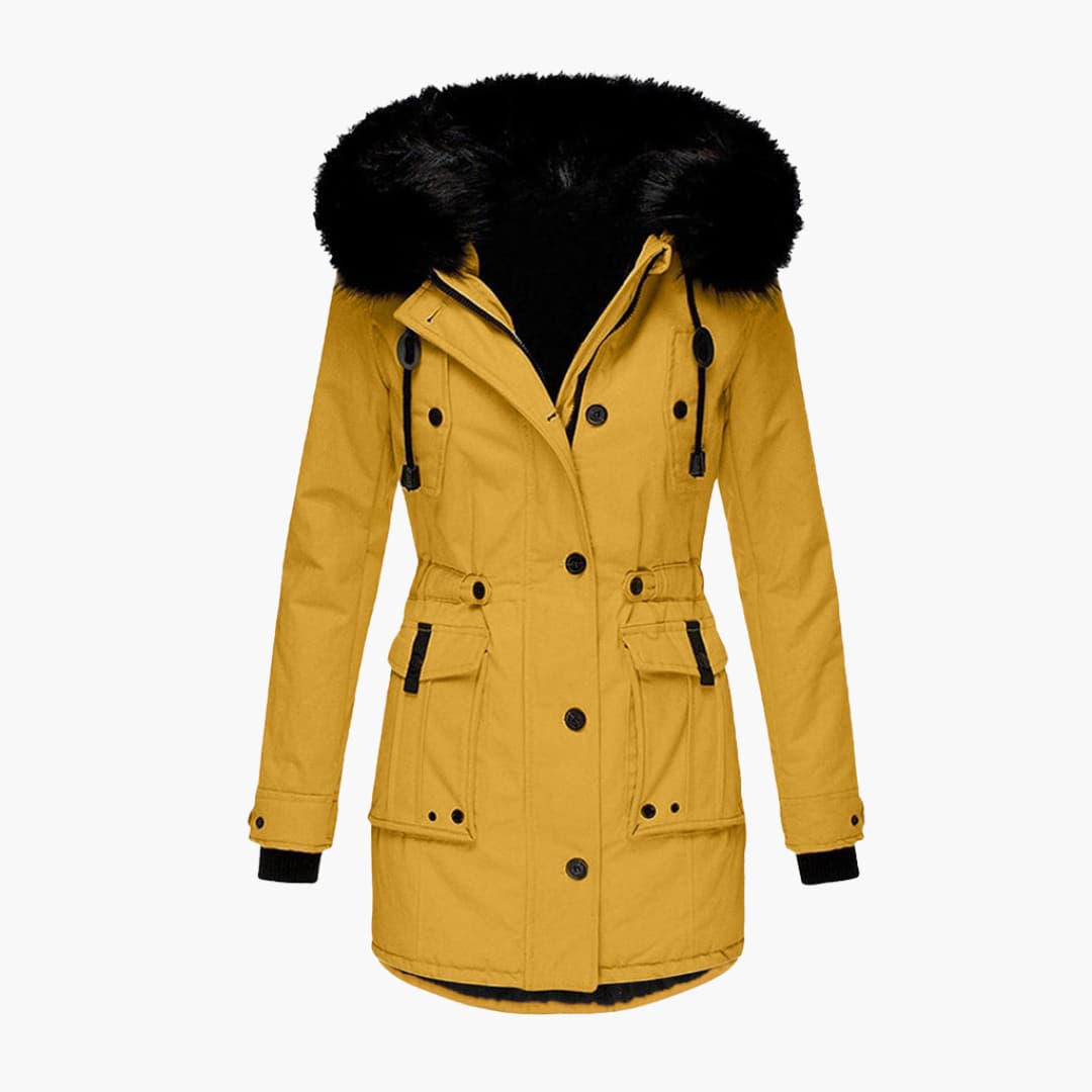 Yellow Plush-Trim Hooded Parka – Leona shown from the front, featuring a black plush-trimmed hood, button placket, flap pockets, and waist tabs.