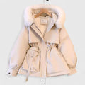 Cream Plush-Trim Hooded Parka shown from the front, featuring a plush-trimmed hood, drawstring waist, utility flap pockets, and zip front.