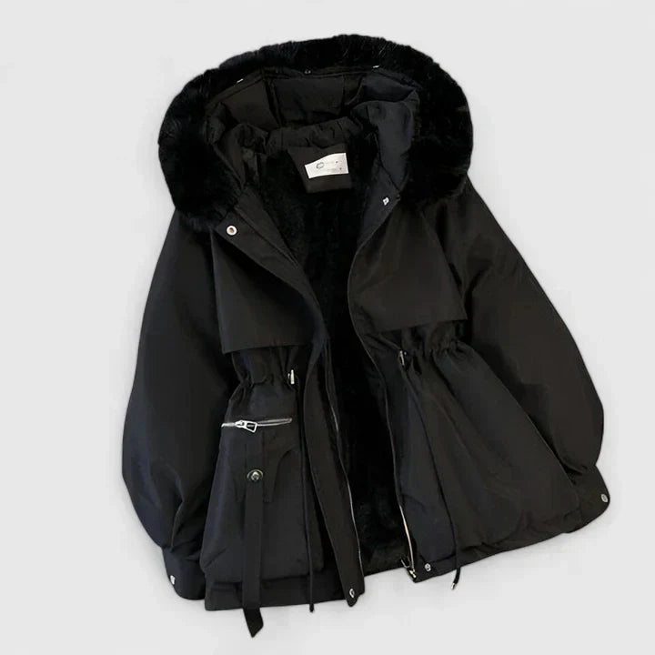 Black Plush-Trim Hooded Parka shown from the front, featuring a plush-trimmed hood, drawstring waist, utility flap pockets, and zip front.