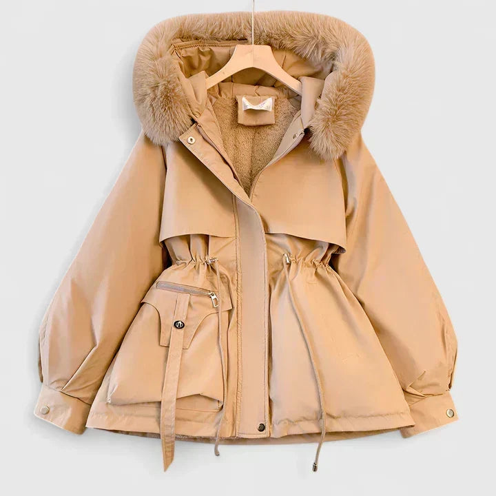Beige Plush-Trim Hooded Parka shown from the front, featuring a plush-trimmed hood, drawstring waist, utility flap pockets, and zip front.