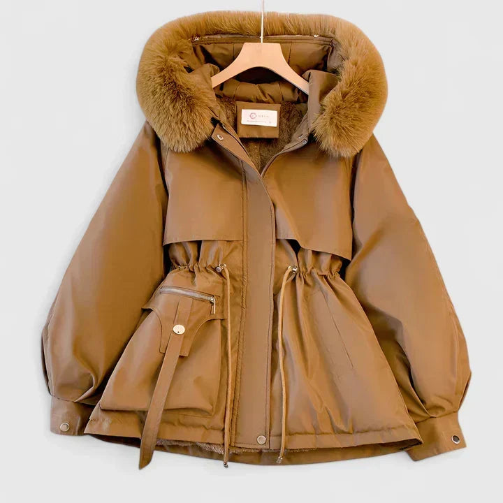 Camel Plush-Trim Hooded Parka shown from the front, featuring a plush-trimmed hood, drawstring waist, utility flap pockets, and zip front.