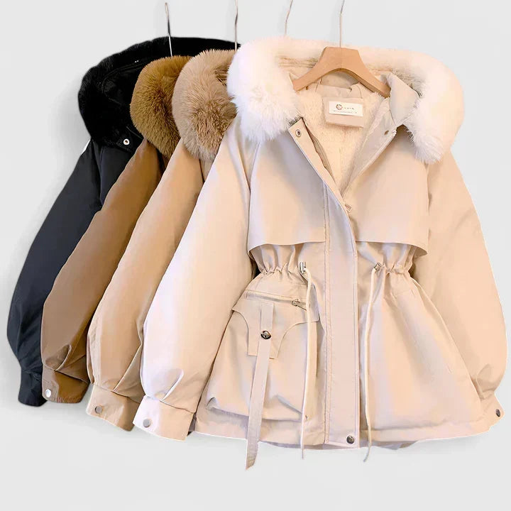 Plush-Trim Hooded Parkas displayed in multiple colors, featuring plush-trimmed hoods, drawstring waists, utility flap pockets, and zip fronts.