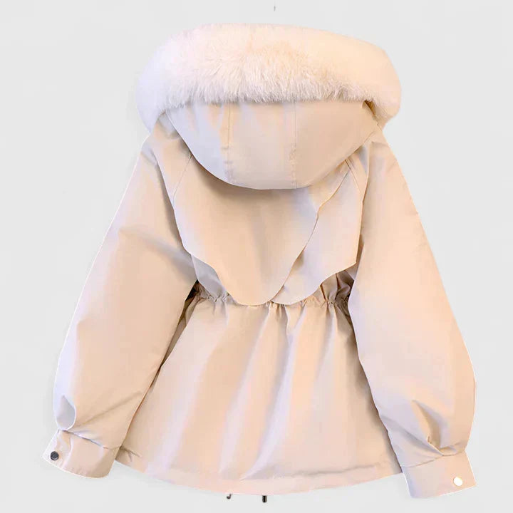 Cream Plush-Trim Hooded Parka shown from the back, highlighting the plush-trimmed hood, drawstring waist, and fitted silhouette.