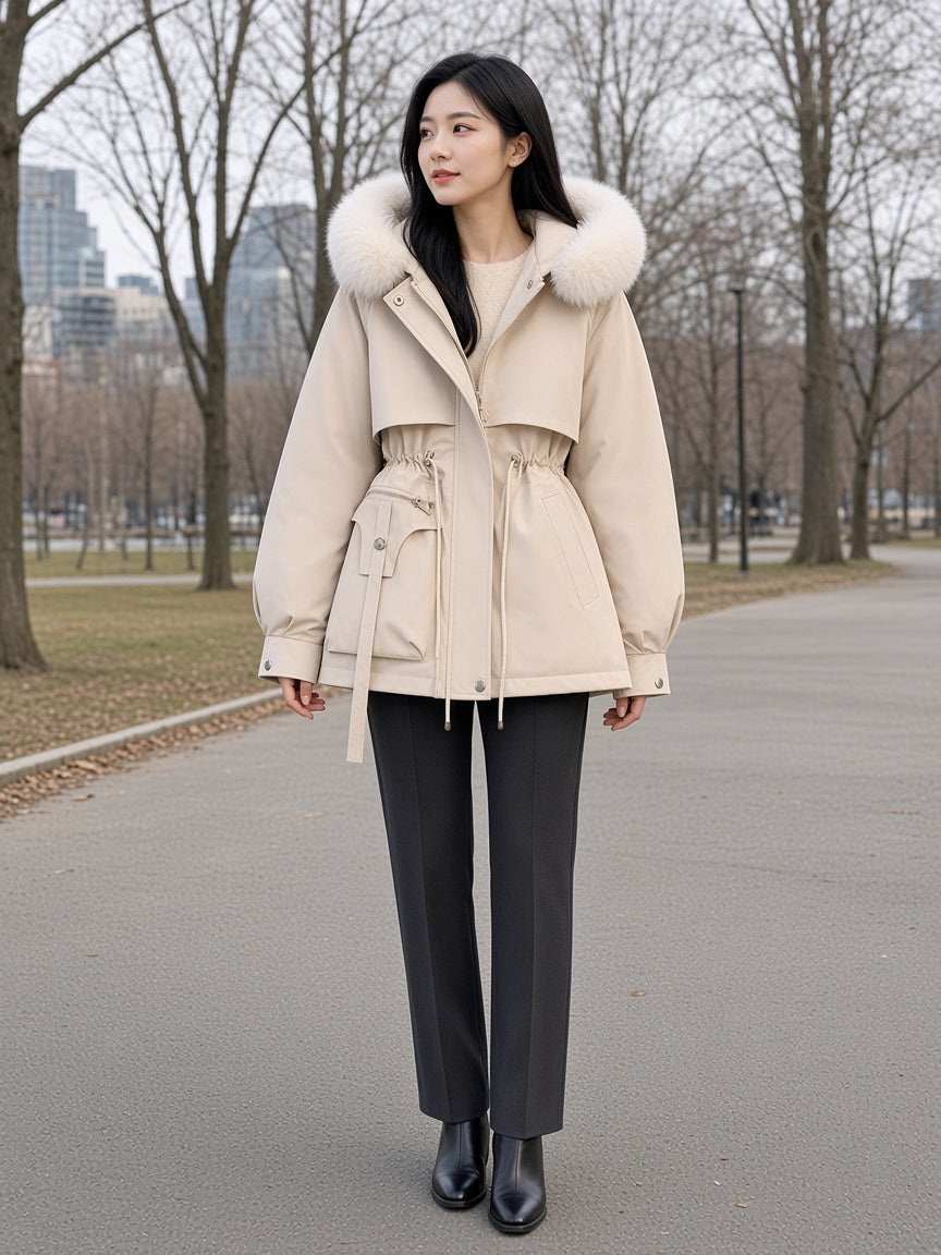 Cream Plush-Trim Hooded Parka worn by a female model, featuring a plush-trimmed hood, drawstring waist, utility flap pockets, and fitted silhouette.