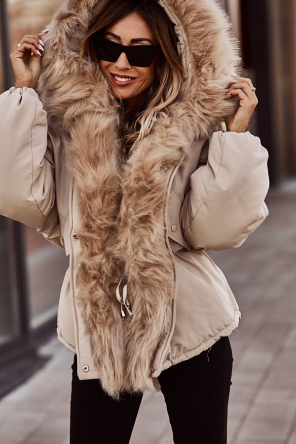Beige Plush-Trim Hooded Parka worn by a female model, highlighting the plush-trimmed hood, drawstring waist, front zip closure, and zip sleeve pocket.