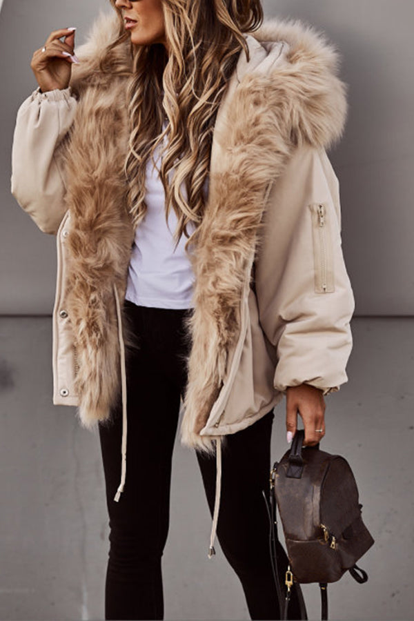 Beige Plush-Trim Hooded Parka worn by a female model, featuring a plush-trimmed hood, drawstring waist, zip sleeve pocket, and front zip closure.