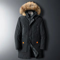 Black utility parka with a plush-trim detachable hood, vertical zip chest pockets, and cargo flaps with orange tabs.
