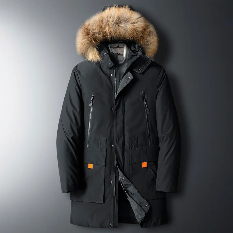 Black utility parka with a plush-trim detachable hood, vertical zip chest pockets, and cargo flaps with orange tabs.