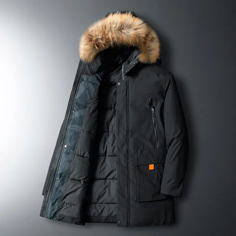 Black utility parka with a plush-trim hood, zip chest pockets, and cargo flap pockets with orange contrast tabs.