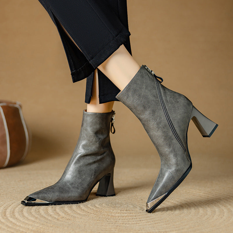 Priya Leather Ankle Boots – Metallic Toe Flared Heel Footwear