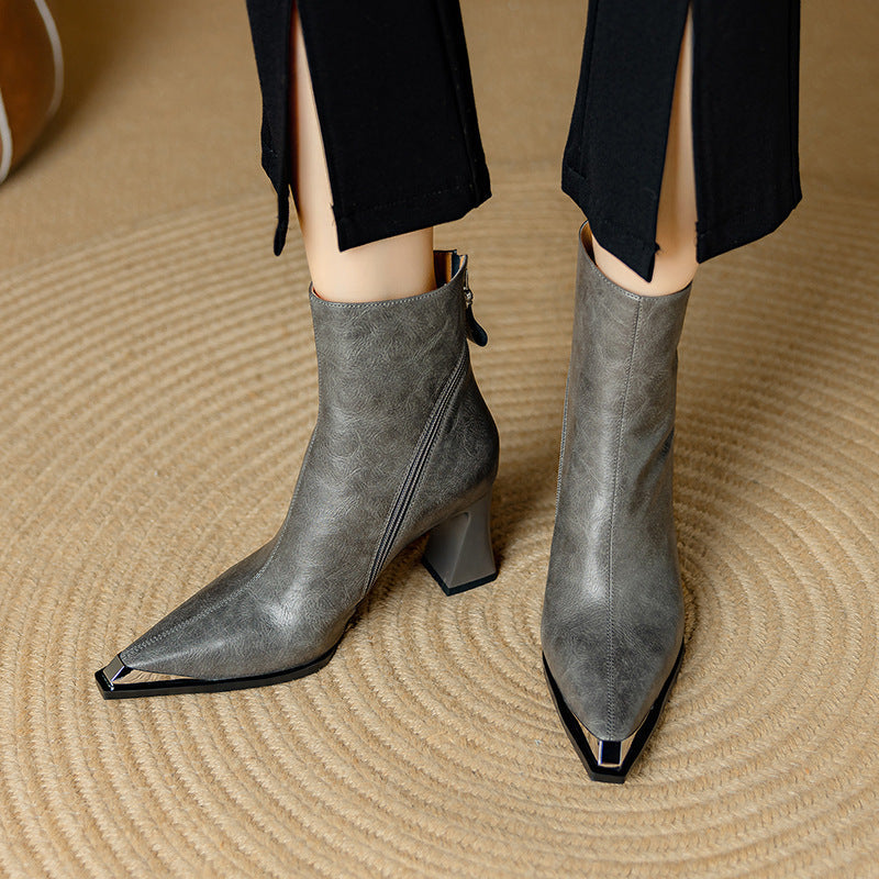 Priya Leather Ankle Boots – Metallic Toe Flared Heel Footwear