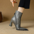 Priya Leather Ankle Boots – Metallic Toe Flared Heel Footwear