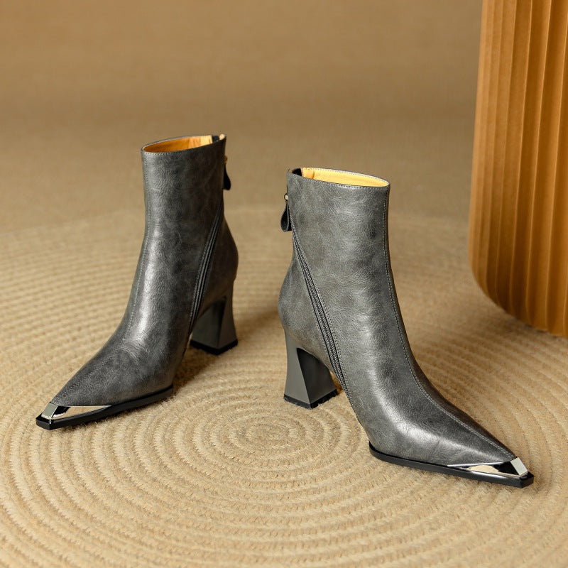 Priya Leather Ankle Boots – Metallic Toe Flared Heel Footwear