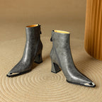 Priya Leather Ankle Boots – Metallic Toe Flared Heel Footwear
