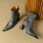 Priya Leather Ankle Boots – Metallic Toe Flared Heel Footwear