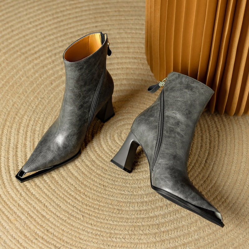 Priya Leather Ankle Boots – Metallic Toe Flared Heel Footwear