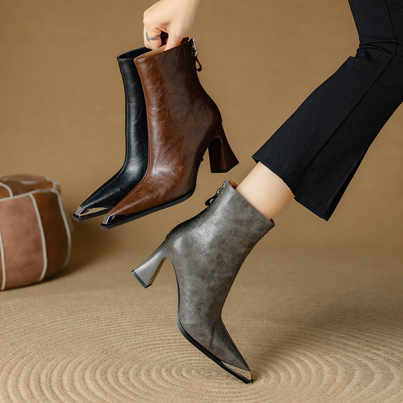 Priya Leather Ankle Boots – Metallic Toe Flared Heel Footwear