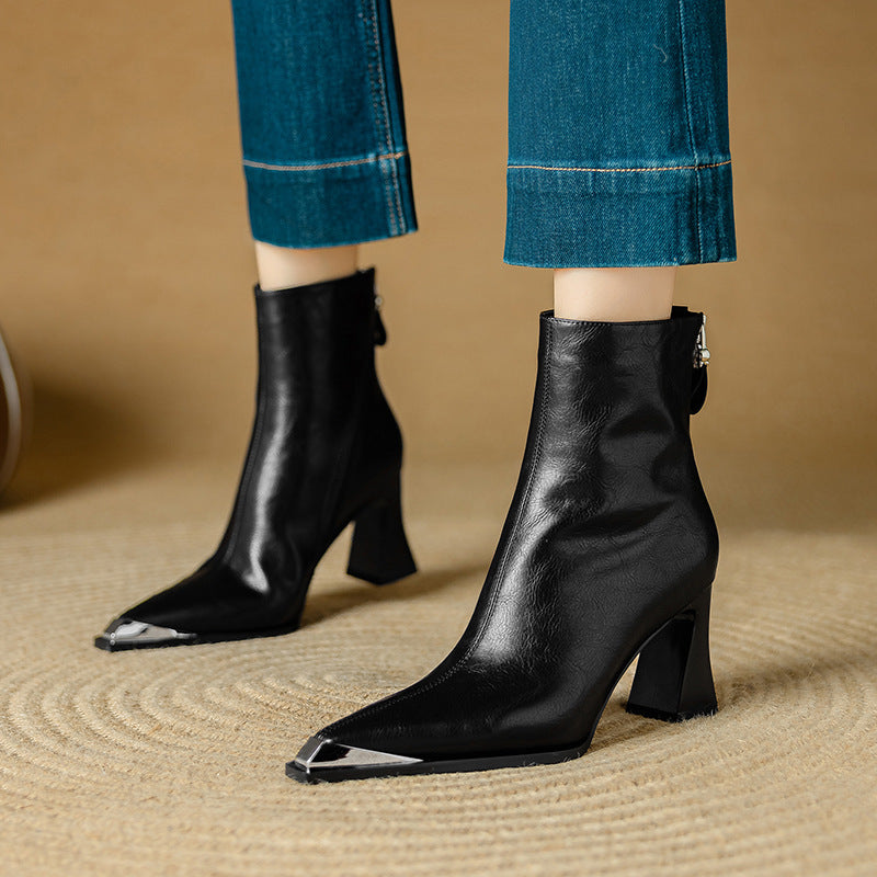 Priya Leather Ankle Boots – Metallic Toe Flared Heel Footwear