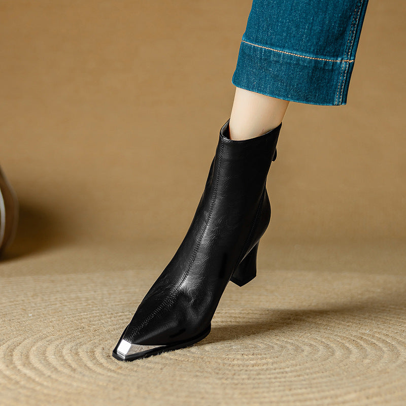 Priya Leather Ankle Boots – Metallic Toe Flared Heel Footwear