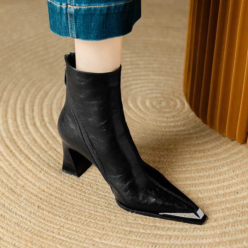 Priya Leather Ankle Boots – Metallic Toe Flared Heel Footwear