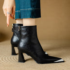 Priya Leather Ankle Boots – Metallic Toe Flared Heel Footwear