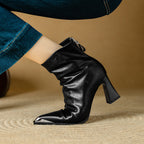 Priya Leather Ankle Boots – Metallic Toe Flared Heel Footwear