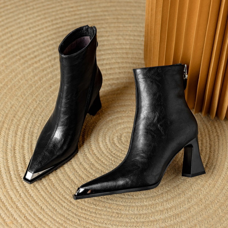 Priya Leather Ankle Boots – Metallic Toe Flared Heel Footwear