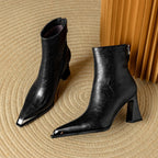Priya Leather Ankle Boots – Metallic Toe Flared Heel Footwear