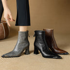 Priya Leather Ankle Boots – Metallic Toe Flared Heel Footwear